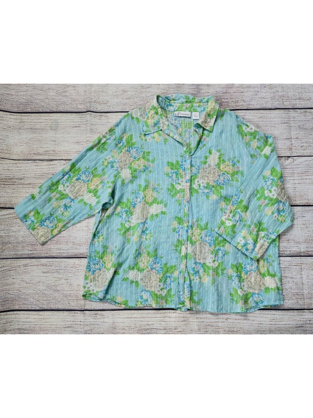 Dressbarn Women 22/24 100% Cotton Button Up Blouse Blue Green Floral Beach Coast